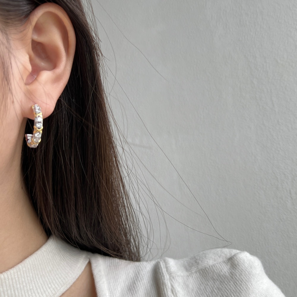 Women's Two‑Tone X Cross Wrap Hoop Earrings, Colorless Round Zirconia Inlaid, S925