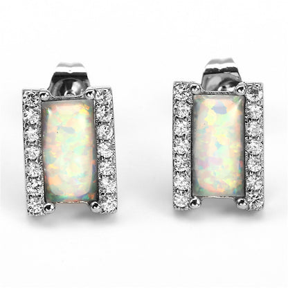 Women's Rectangle Opal Halo Zirconia Stud Earrings, with White Gold Plating