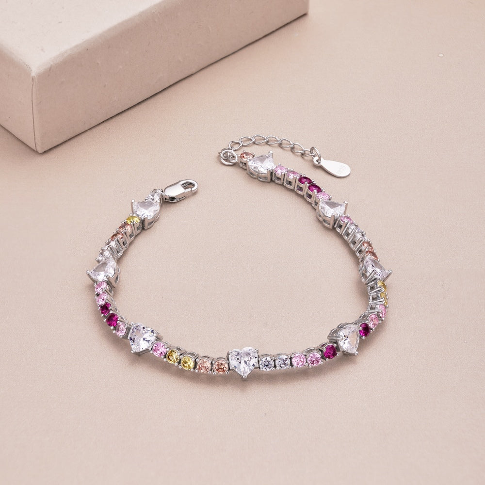 Women's High‑End Tennis Bracelet, Multicolor Mixed Heart & Round Zirconia Inlay With Extension Chain, S925 with White Gold Plating