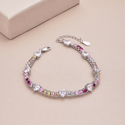 Women's High‑End Tennis Bracelet, Multicolor Mixed Heart & Round Zirconia Inlay With Extension Chain, S925 with White Gold Plating