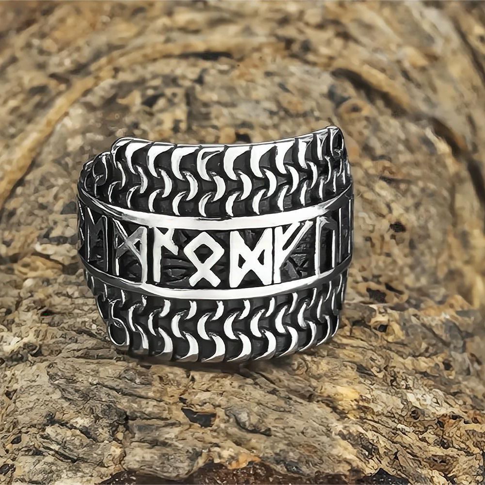 Vintage Solid Stainless Steel Extra Wide Band Viking Rune Hip Hop Ring for Men