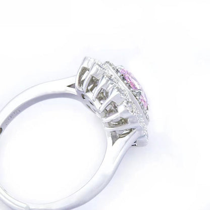 Women's White Gold Cushion Shape Layered Stones Pink Gem Halo Adjustable  Ring
