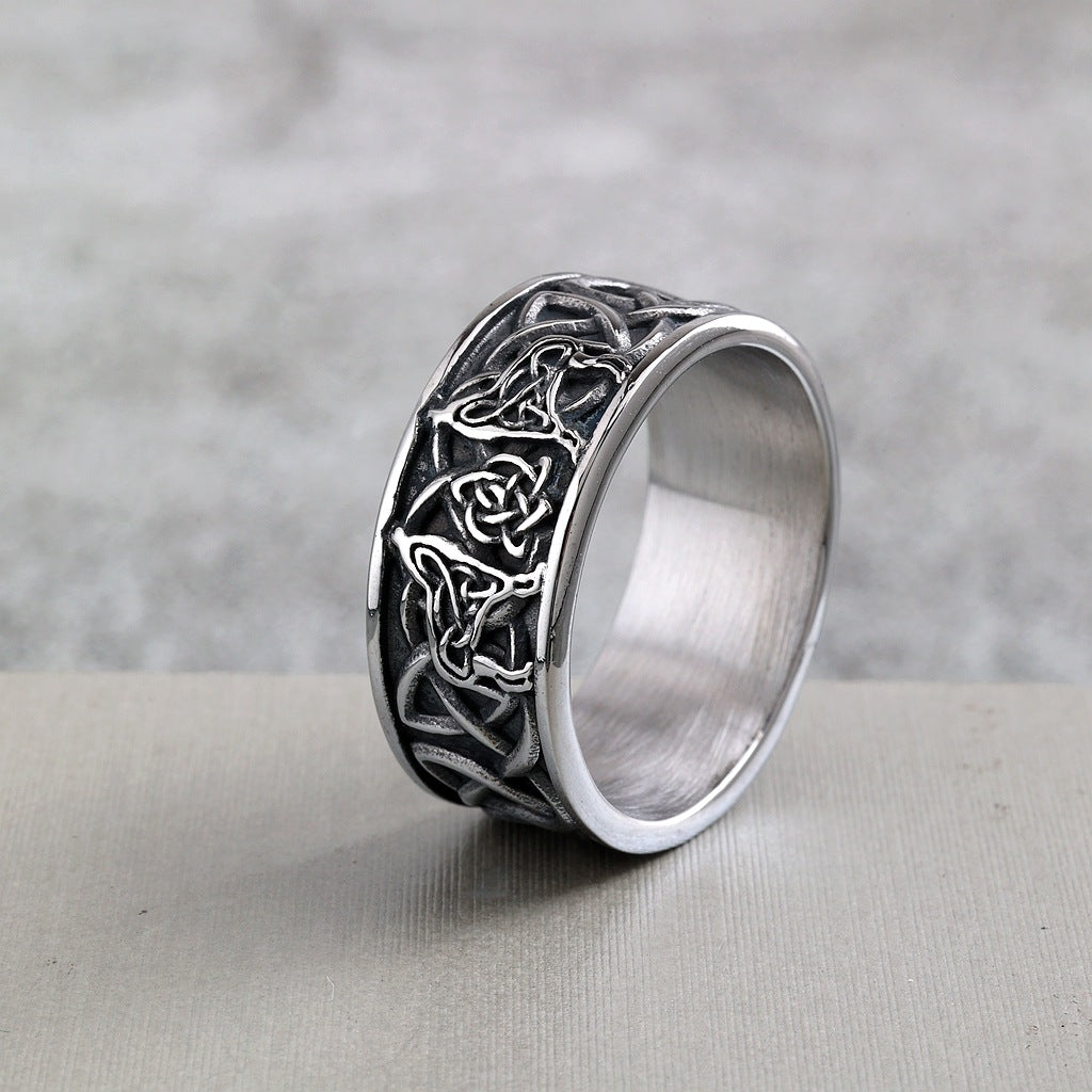 Vintage Stainless Steel Viking Wolf Head Celtic Knot Ring for Men