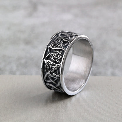 Vintage Stainless Steel Viking Wolf Head Celtic Knot Ring for Men