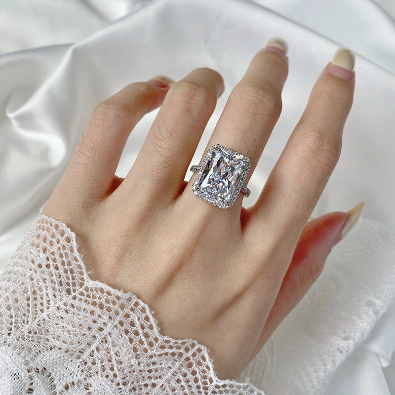 Women's S925 Silver White Gold Tone Square Zircon Halo Ring, Luxury Engagement Style Ladies Fashion Ring