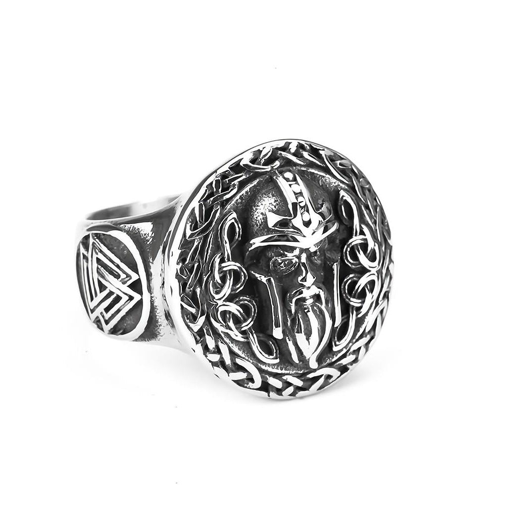 Vintage Solid Stainless Steel Norse Viking Odin Head Valknut Triangle Round Signet Ring for Men