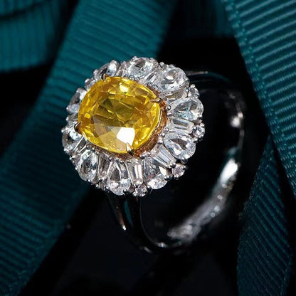 Women's White Gold Emerald Cut Stones Yellow Gem Halo Adjustable Ring
