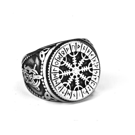 Vintage Stainless Steel Viking Snowflake Compass Rune Ring for Men