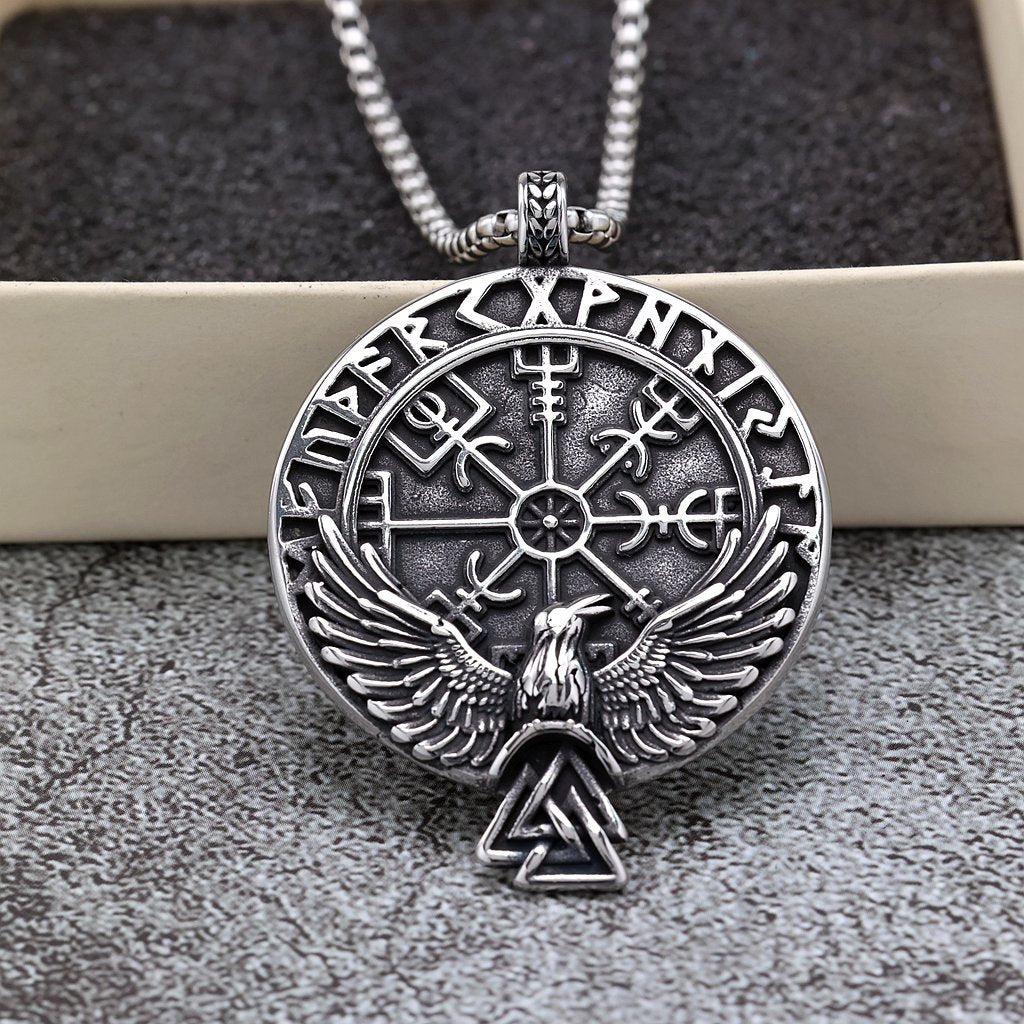 Men's Steel Viking Raven Rune Compass Round Tag Pendant Necklace