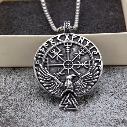 Men's Steel Viking Raven Rune Compass Round Tag Pendant Necklace
