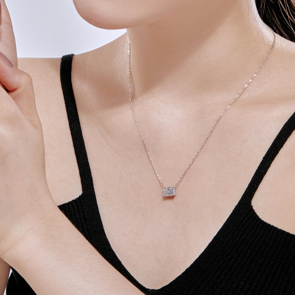 Women's Luxury Pendant Necklace, Rectangle Shape Crushed Ice Cut Colorless Zirconia Inlay, S925 with White Gold Plating