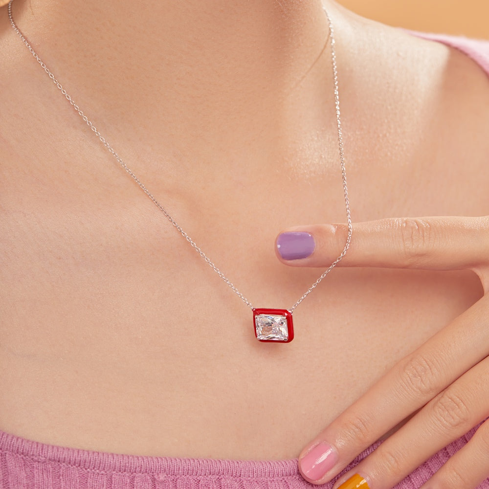 Women's Stylish Unique Pendant Necklace, Rectangle Shape Zirconia Inlay Inside Red Epoxy, S925 with White Gold Plating