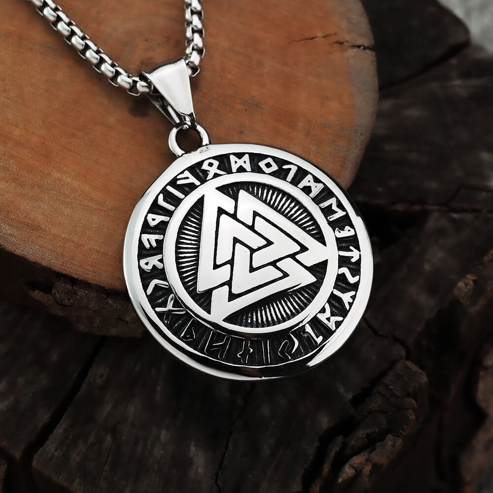 Men's Steel Viking Valknut Rune Round Tag Pendant Necklace