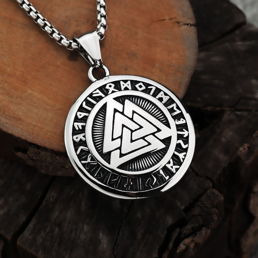 Men's Steel Viking Valknut Rune Round Tag Pendant Necklace