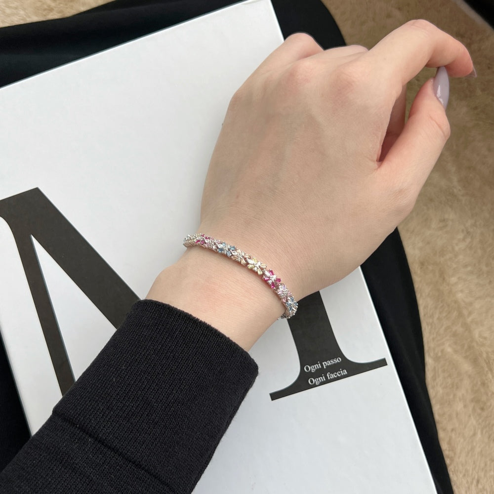 Women's Delicate Bracelet, Petal Shape Design Multicolor Baguette Zirconia Inlay, S925 with White Gold Plating