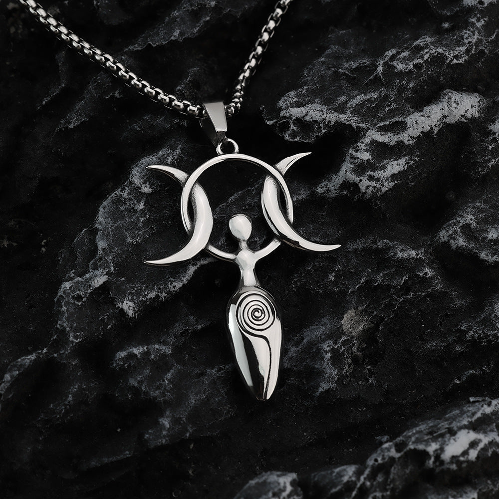 Vintage Stainless Steel Men's 3D Moon Star Goddess Pendant Necklace for Men