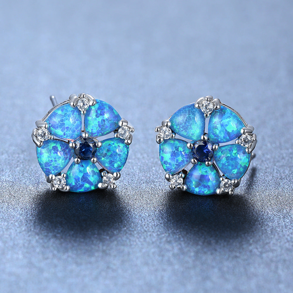 Women's Flower‑Shape Stud Earrings, Opal With Zirconia Inlay, White Gold Plating