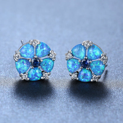 Women's Flower‑Shape Stud Earrings, Opal With Zirconia Inlay, White Gold Plating