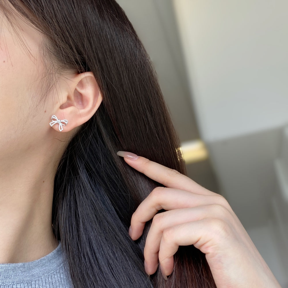 Women's Bow Stud Earrings, Full Paved Round Zirconia, S925 with White Gold Plating