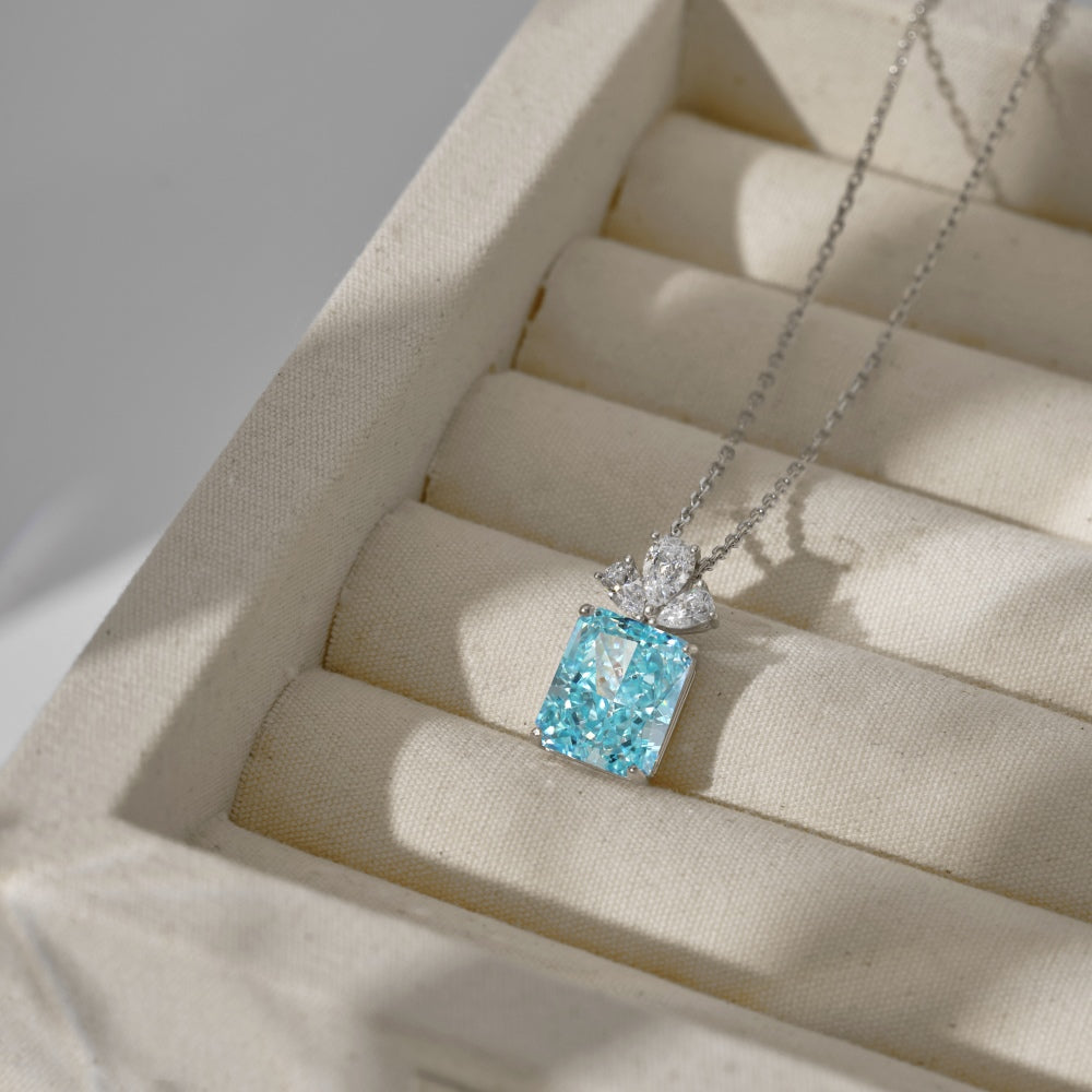 Women's Pendant Necklace, Blue Ice‑Cut Rectangle & White Pear Shape Spliced Zirconia, S925 with White Gold Plating