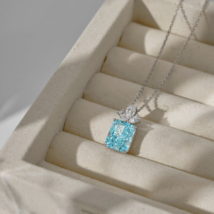 Women's Pendant Necklace, Blue Ice‑Cut Rectangle & White Pear Shape Spliced Zirconia, S925 with White Gold Plating