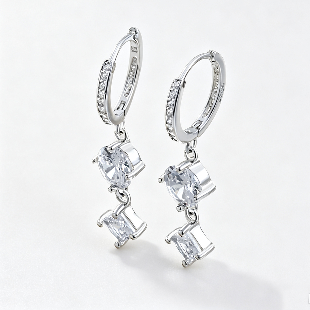 Women's Dangle Earrings, Colorless Round Zirconia Inlaid, S925 with White Gold Plating