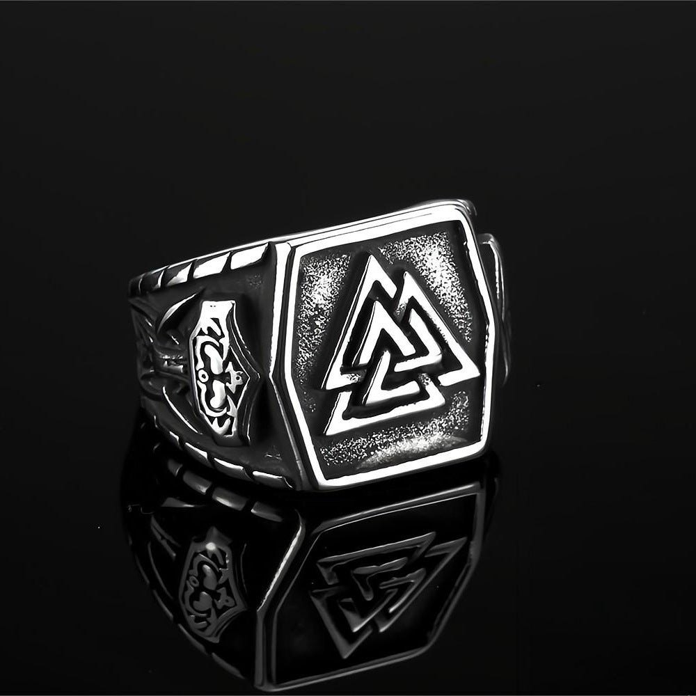 Vintage Antique Finish Stainless Steel Engraved Anchor Viking Triangle Symbol Hexagon Ring for Men