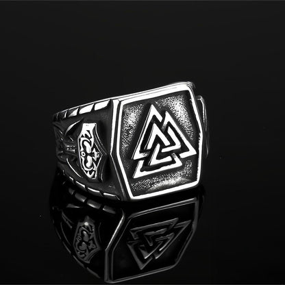 Vintage Antique Finish Stainless Steel Engraved Anchor Viking Triangle Symbol Hexagon Ring for Men