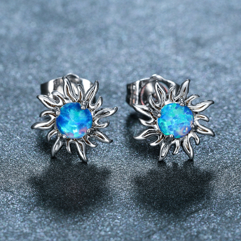 Women's Sunflower Round Opal Stud Earrings, Blue / White Opal Option, with White Gold Plating