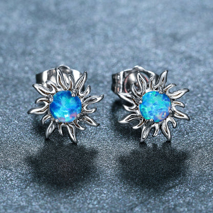 Women's Sunflower Round Opal Stud Earrings, Blue / White Opal Option, with White Gold Plating