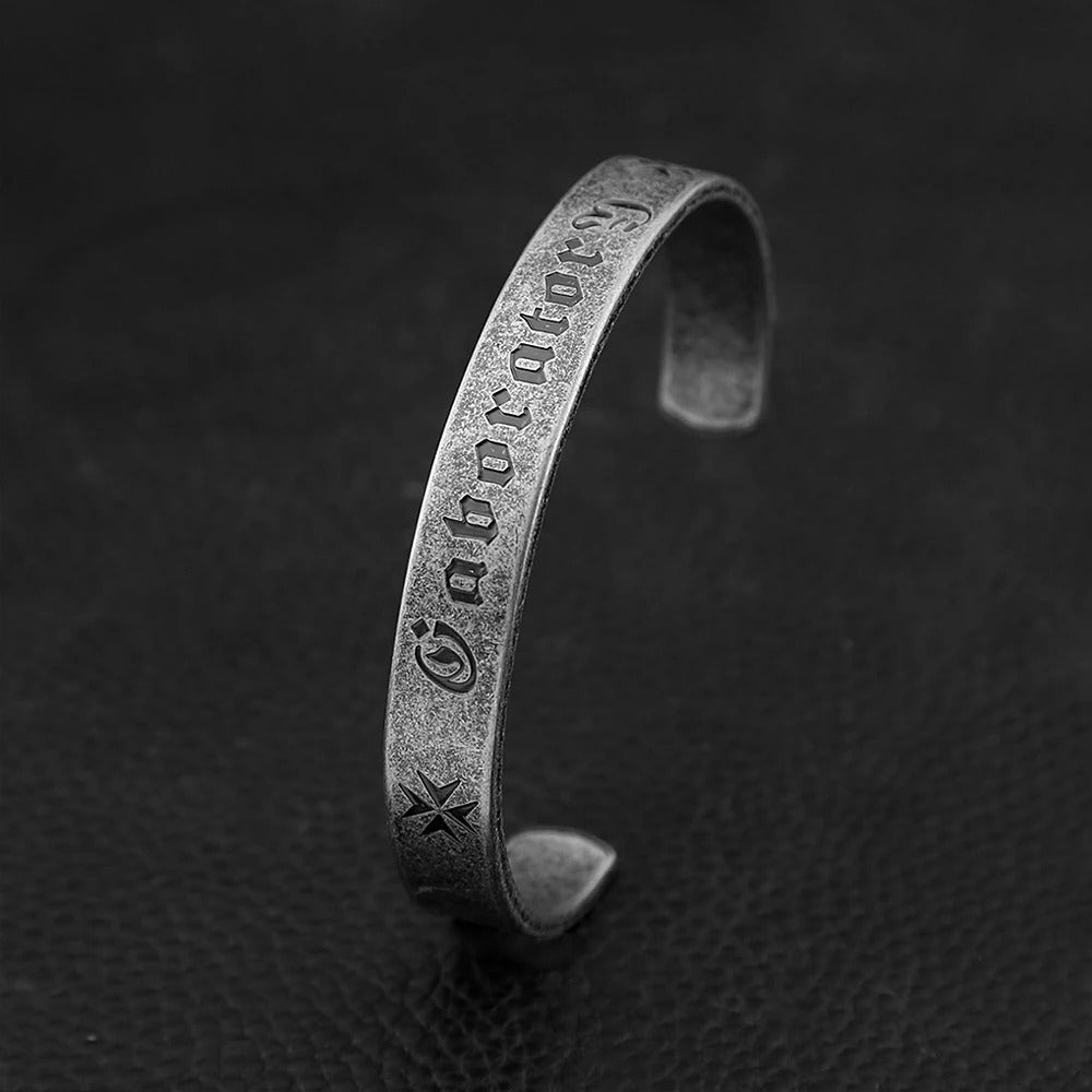 Vintage Stainless Steel Open C Men Bracelet Embossed Sanskrit Heart Sutra Viking Style Bangle