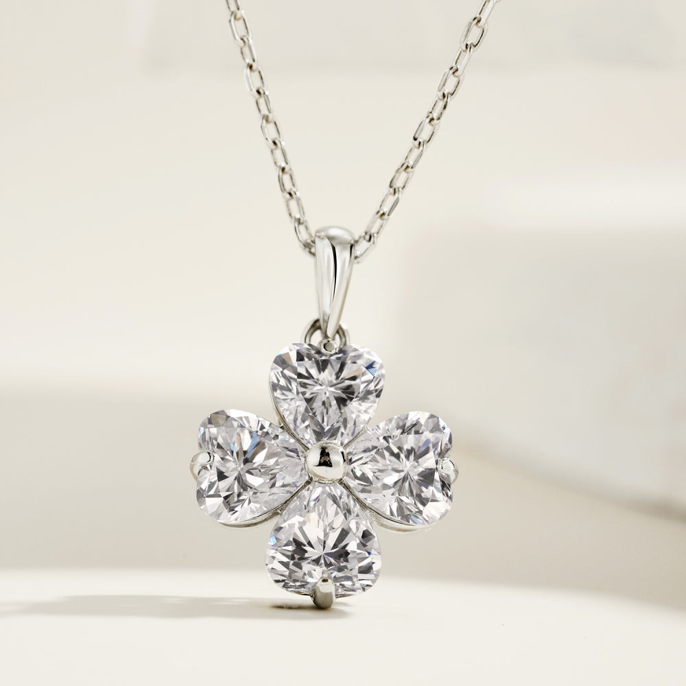 Women's Clover Pendant Necklace, Heart Shape Zirconia Accent, S925 with White Gold Plating