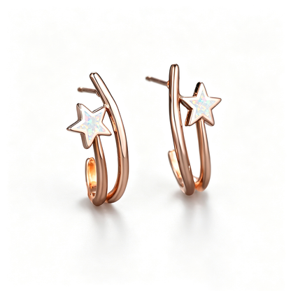 Women's Double‑Hoop C‑Shape Star Opal Hoop Earrings, with White Gold Plating / Rose Gold Plating