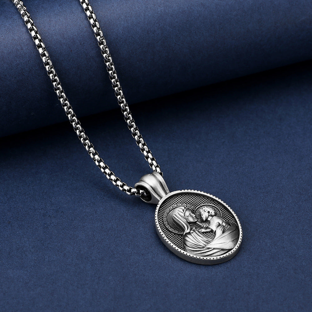 Men's Steel Virgin Mary Oval Pendant Necklace