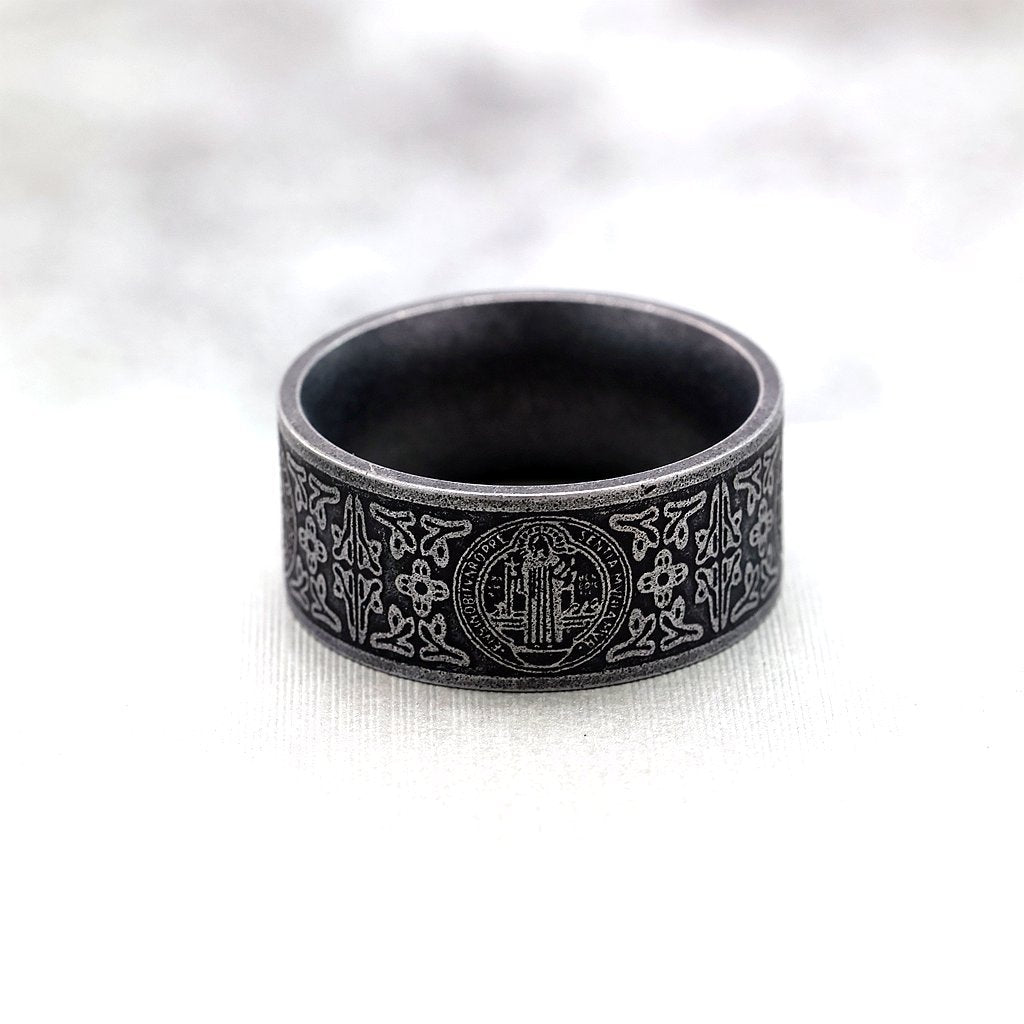 Vintage Solid Stainless Steel Dark Circle Saint Benedict Cross Ring for Men