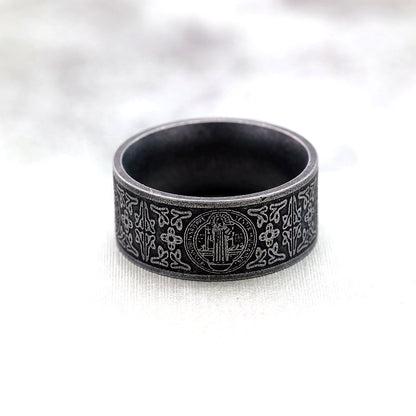 Vintage Solid Stainless Steel Dark Circle Saint Benedict Cross Ring for Men