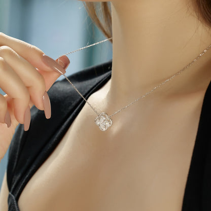Women's Lucky Clover Pendant Necklace, D‑Shape Square & Round Zirconia Sparkling Charm, S925 with White Gold Plating