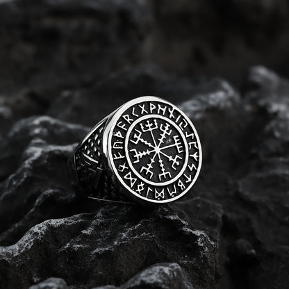 Vintage Nordic Stainless Steel Viking Rune Compass Round Ring for Men