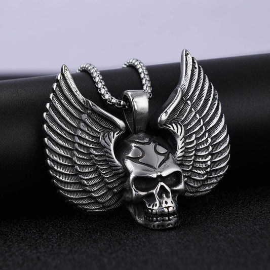 Men's Steel Winged Skull Pendant Necklace