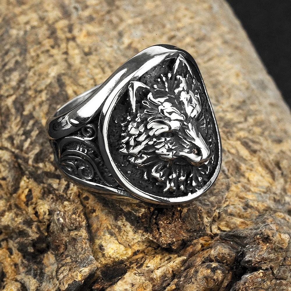 Vintage Solid Stainless Steel Norse Viking 3D Wolf Head Round Signet Ring for Men