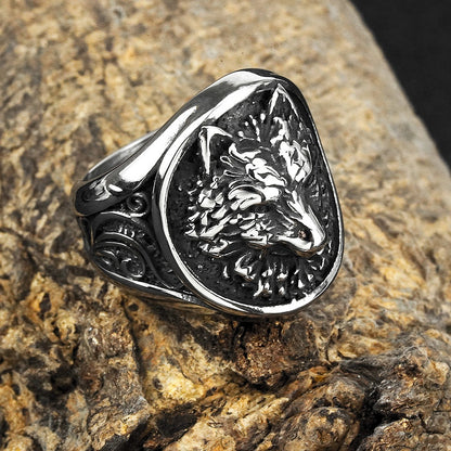 Vintage Solid Stainless Steel Norse Viking 3D Wolf Head Round Signet Ring for Men