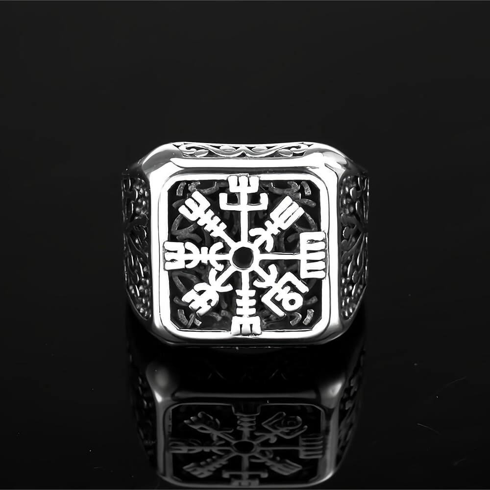 Vintage Solid Stainless Steel Viking Vegvisir Compass Tree of Life Square Signet Ring for Men
