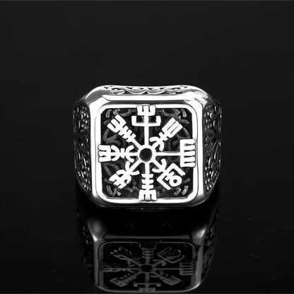 Vintage Solid Stainless Steel Viking Vegvisir Compass Tree of Life Square Signet Ring for Men