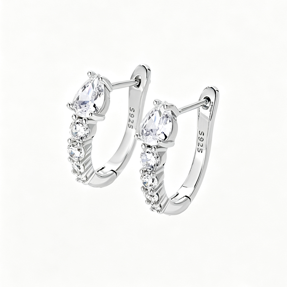 Women's U‑Shape Click Hoop Earrings, Teardrop & Round Paved Zirconia, S925 with White Gold Plating
