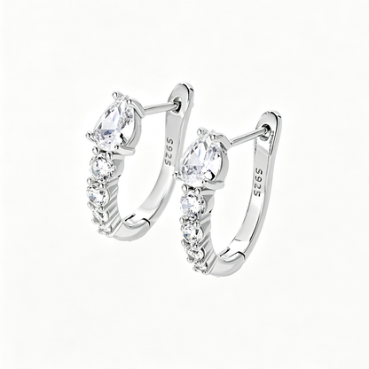 Women's U‑Shape Click Hoop Earrings, Teardrop & Round Paved Zirconia, S925 with White Gold Plating