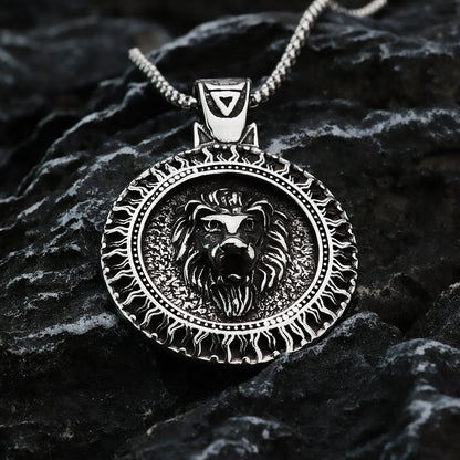 Men's Steel Lion Head Round Pendant Necklace
