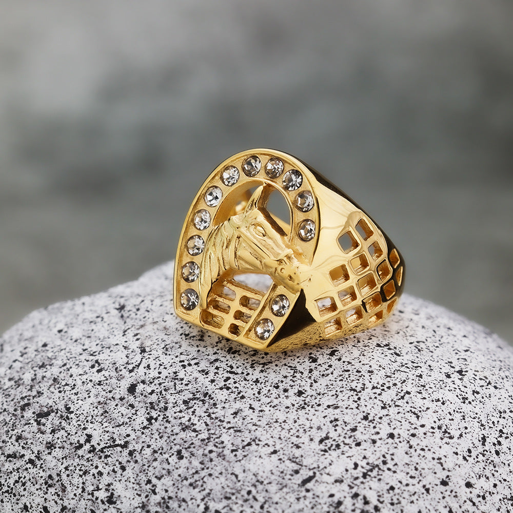 Gold Plated Stainless Steel Iced Out Hollow Cast Horse Head Hip Hop Ring for Men