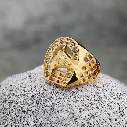 Gold Plated Stainless Steel Iced Out Hollow Cast Horse Head Hip Hop Ring for Men