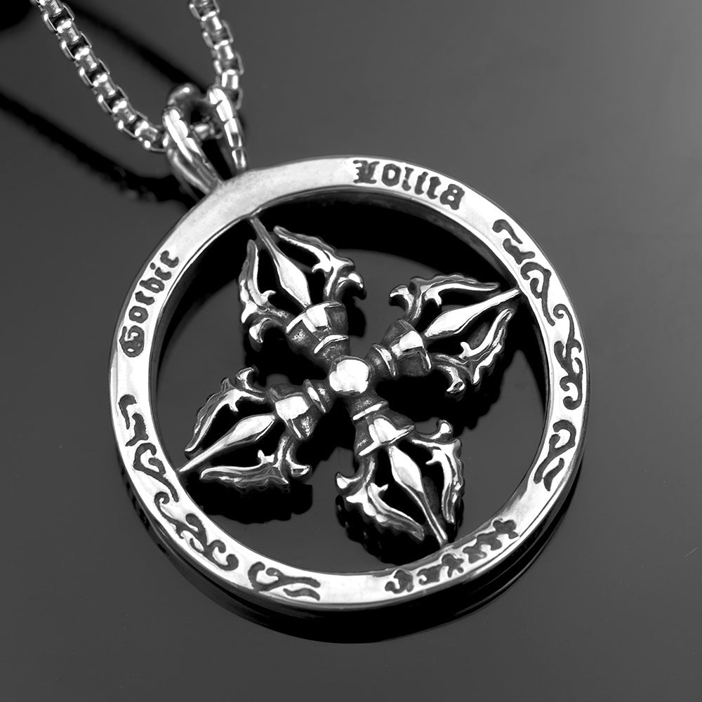 Men's Steel Hollow Vajra Round Pendant Necklace