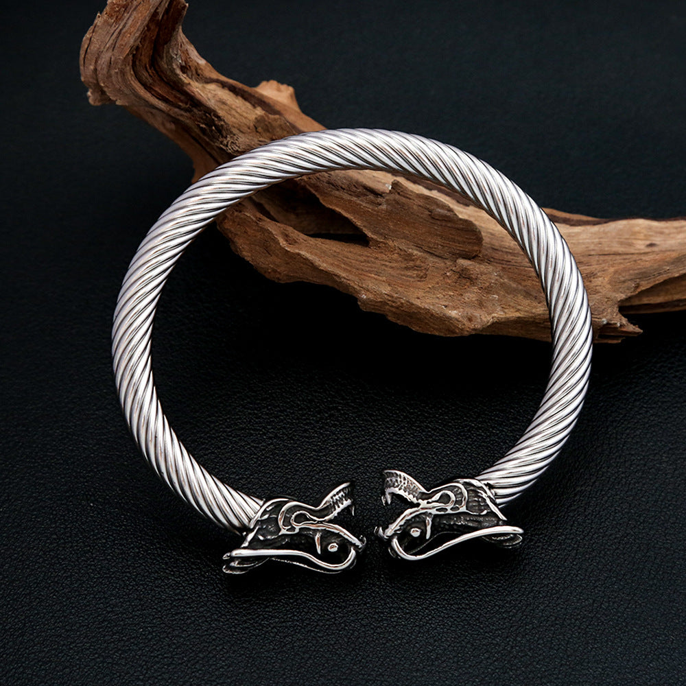 Fashion Minimalist Dragon Head Stainless Steel Bracelet for Men, Trendy Open Cuff Wrist Jewelry